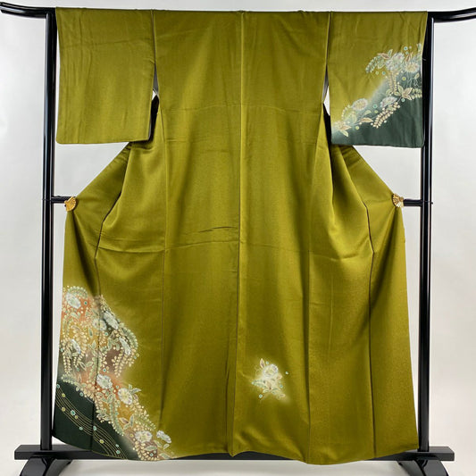 【美品】 付下 身長159.5cm 袖長64.5cm M 雙層 辻花染 霞 漸層 鶯色 純蠶絲 名品級