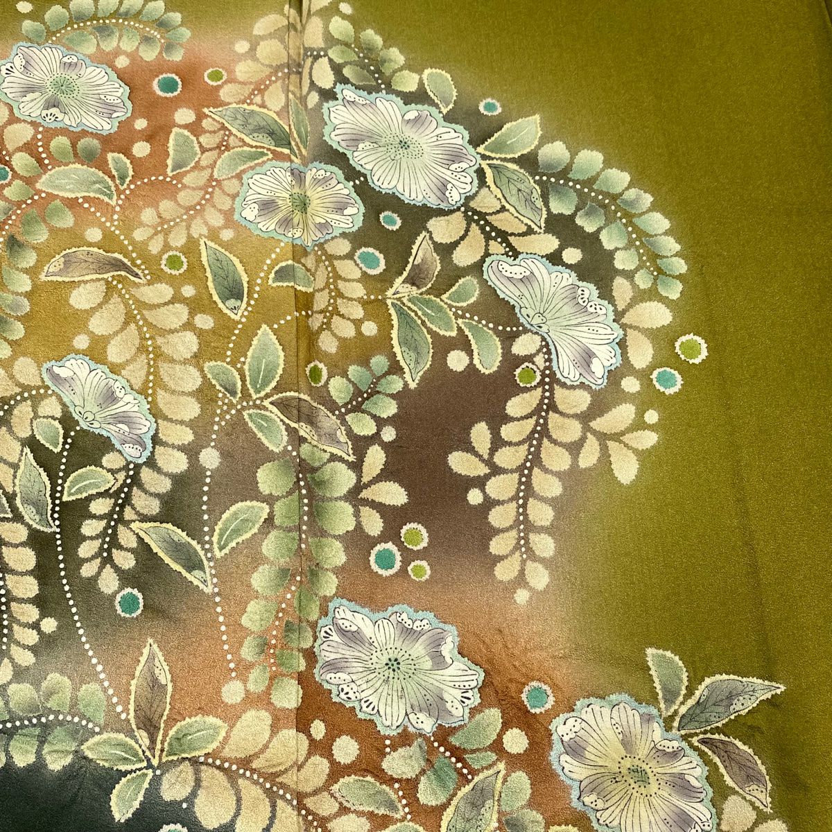 【美品】 付下 身長159.5cm 袖長64.5cm M 雙層 辻花染 霞 漸層 鶯色 純蠶絲 名品級