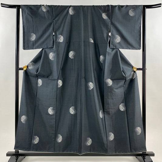 【美品】 紬織 身長158cm 袖長64.5cm M 雙層 雪輪 御所車 深藍 純蠶絲 名品級