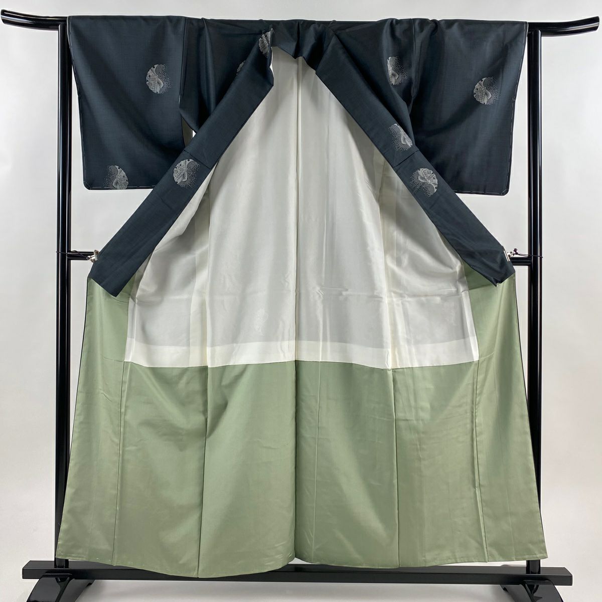 【美品】 紬織 身長158cm 袖長64.5cm M 雙層 雪輪 御所車 深藍 純蠶絲 名品級