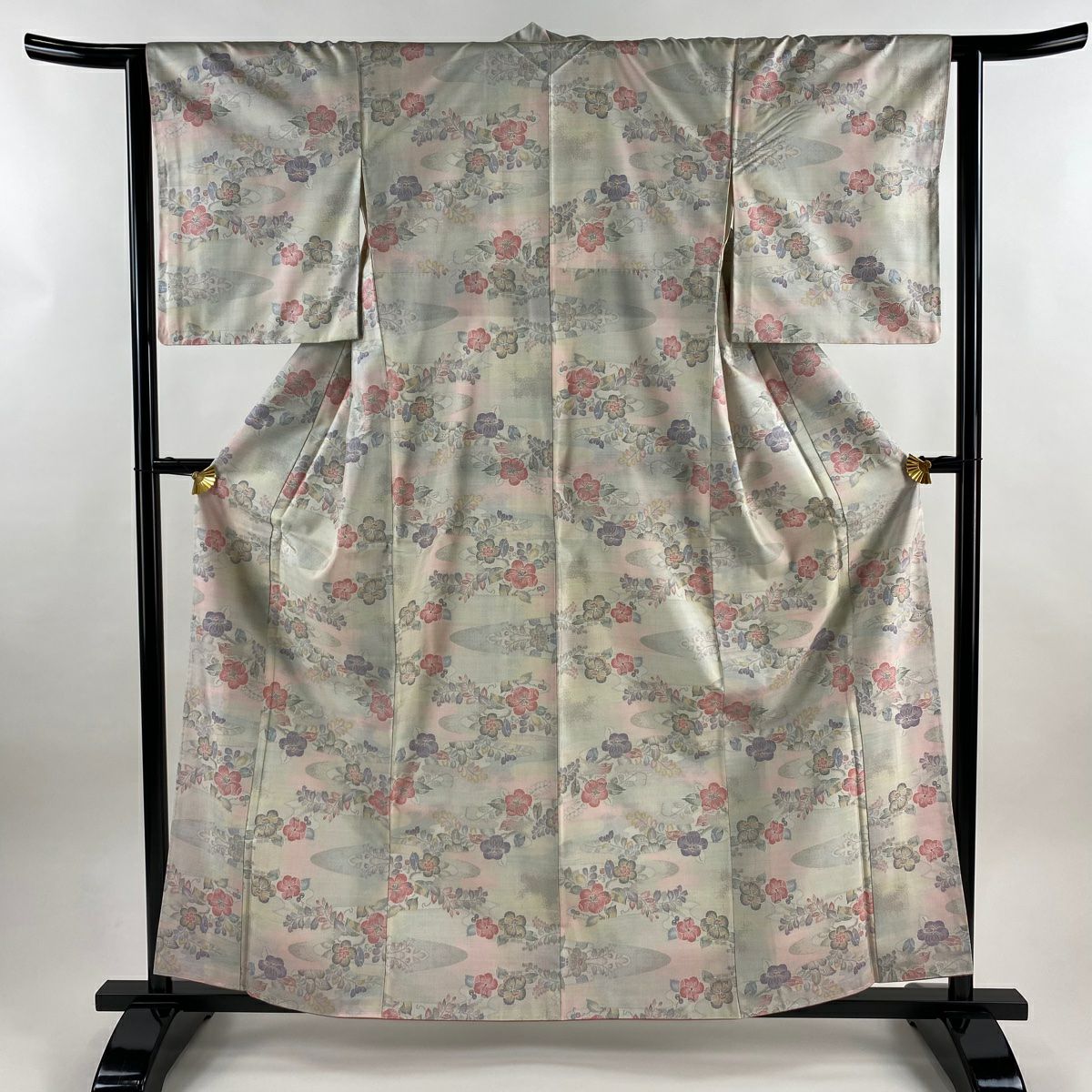 【美品】紬織 身長162.5cm 袖長63cm S 雙層 椿 霞 奶油色 純蠶絲 名品級