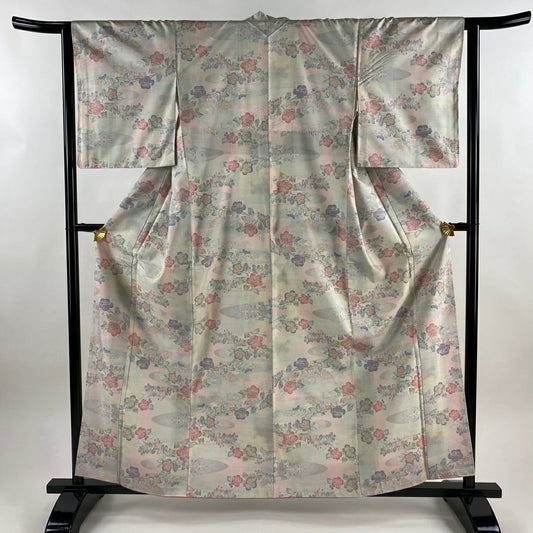【美品】紬織 身長162.5cm 袖長63cm S 雙層 椿 霞 奶油色 純蠶絲 名品級