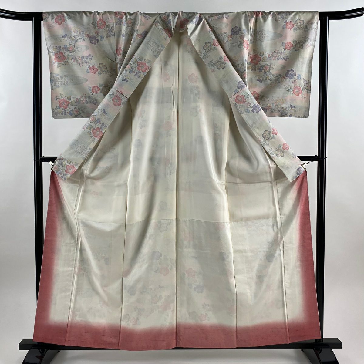 【美品】紬織 身長162.5cm 袖長63cm S 雙層 椿 霞 奶油色 純蠶絲 名品級