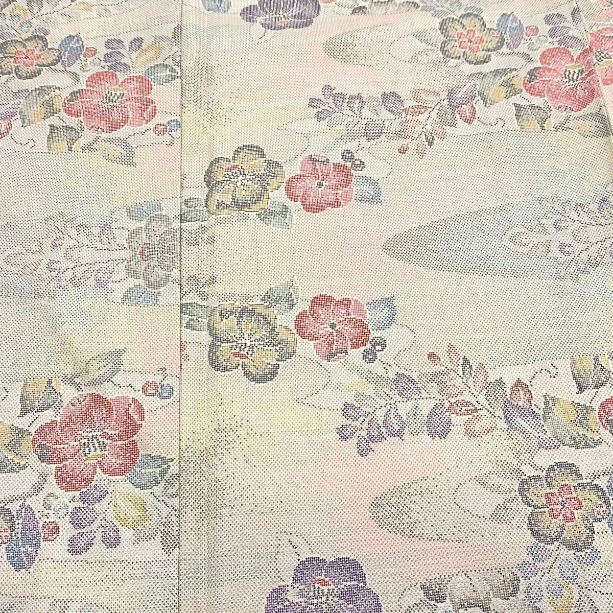 【美品】紬織 身長162.5cm 袖長63cm S 雙層 椿 霞 奶油色 純蠶絲 名品級