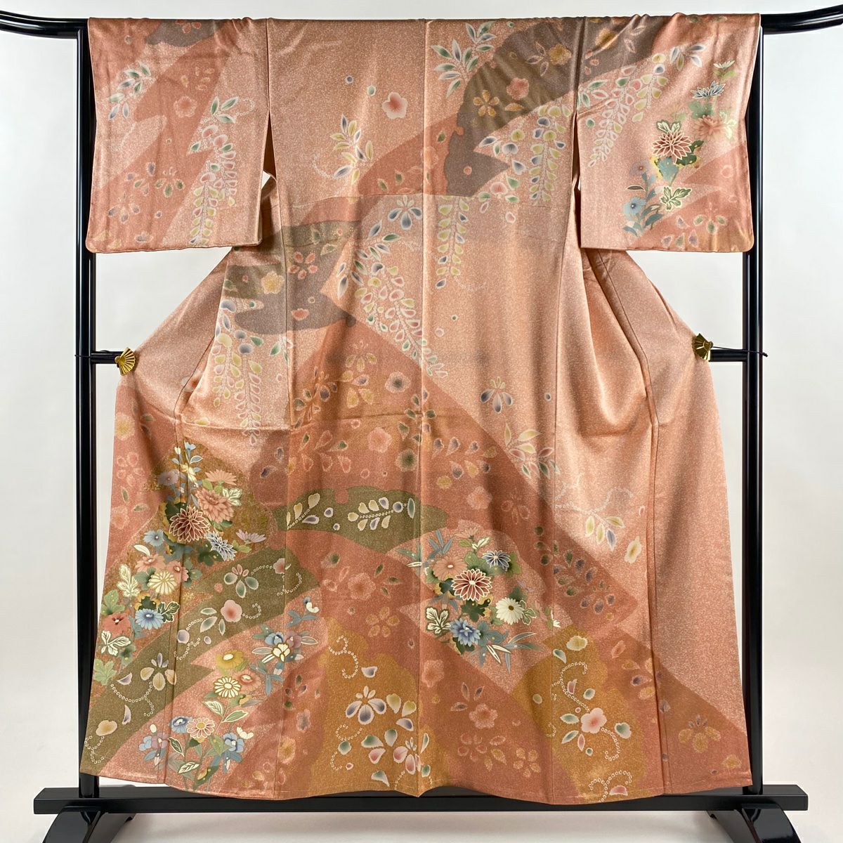 訪問服 身長156.5cm 袖長66cm M 雙層 菊花 梅花 金銀彩 鮭粉色 純蠶絲 名品級