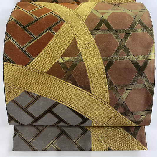 【美品】 袋帶 名品級 川島織物 落款あり 竹子 籠目 金糸 金金箔 茶 六通 純蠶絲