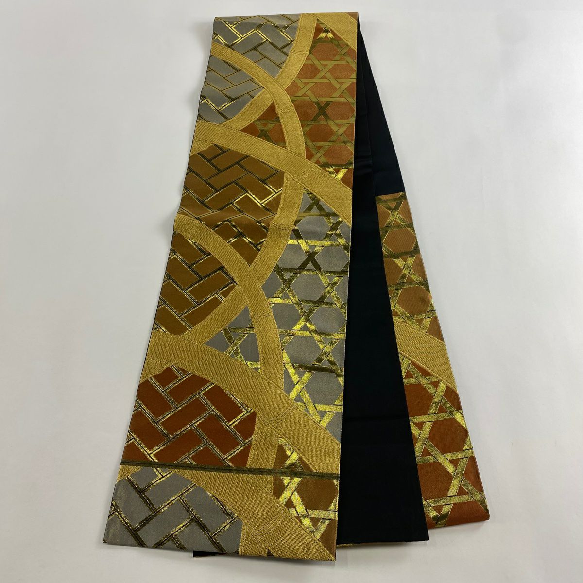 【美品】 袋帶 名品級 川島織物 落款あり 竹子 籠目 金糸 金金箔 茶 六通 純蠶絲