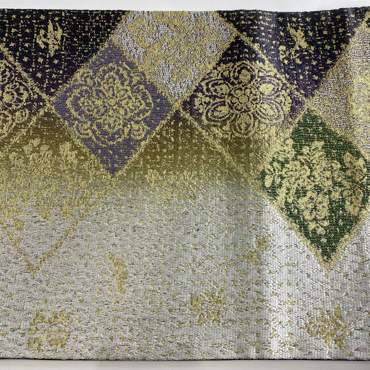 【美品】 袋帶 名品級 菱 華紋 本泥染 灰白 六通 純蠶絲