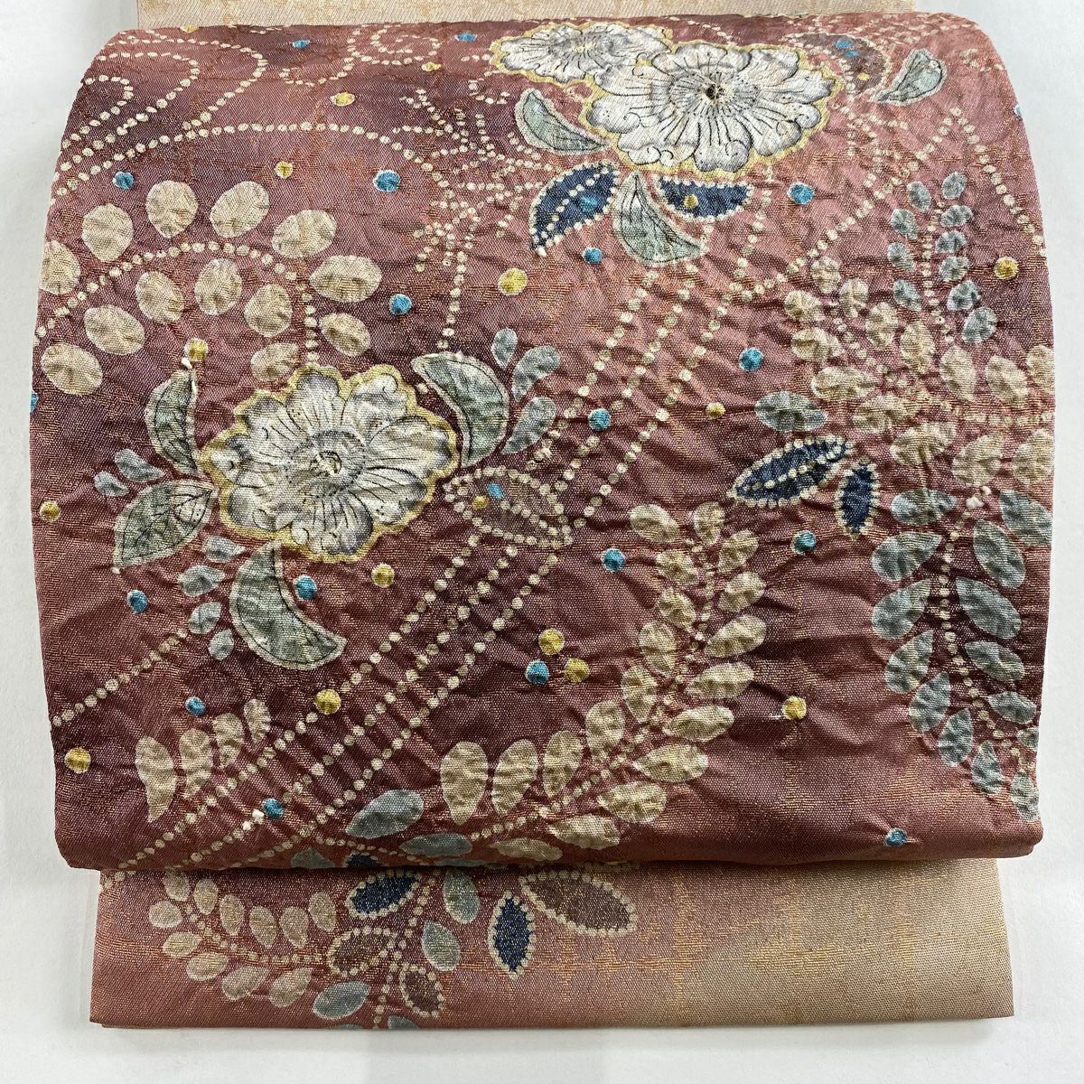 【美品】 袋帶 名品級 辻花染 銀線 金金箔 粉米色 大鼓圖案 純蠶絲