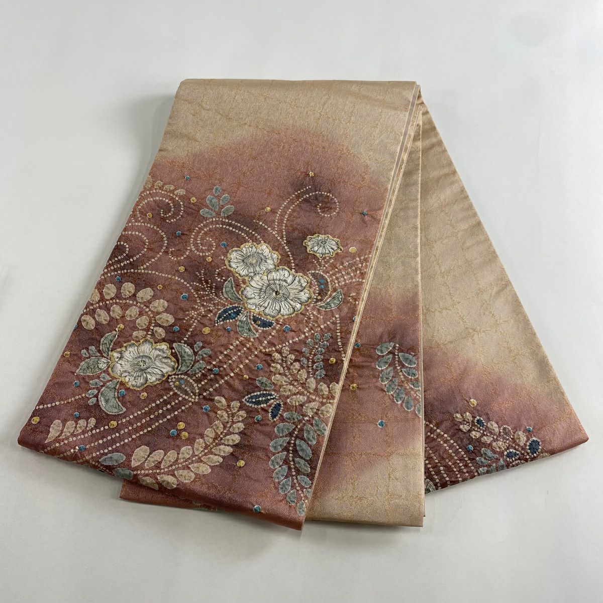 【美品】 袋帶 名品級 辻花染 銀線 金金箔 粉米色 大鼓圖案 純蠶絲