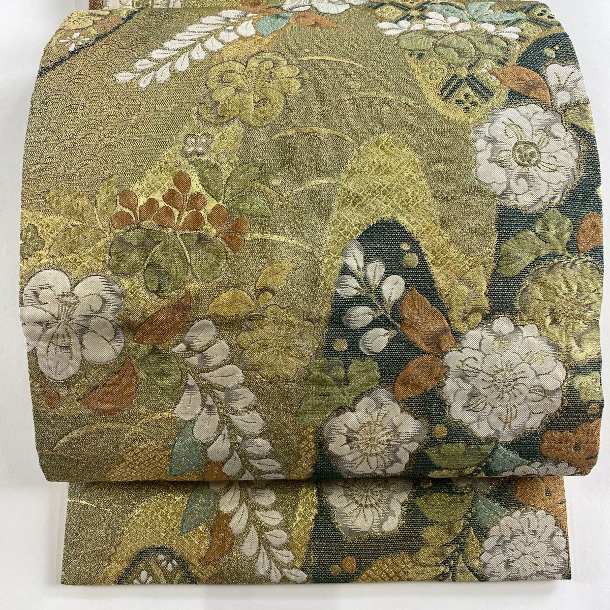 【美品】 袋帶 名品級 手先二通り 大和 草花紋紋 菱 金絲 金金箔 金色 全通 純蠶絲