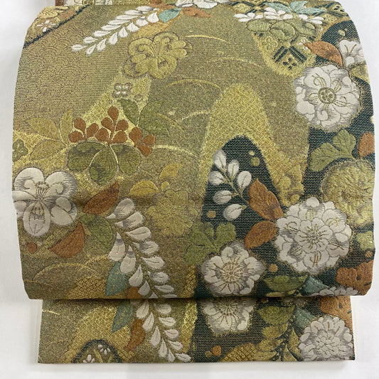 【美品】 袋帶 名品級 手先二通り 大和 草花紋紋 菱 金絲 金金箔 金色 全通 純蠶絲
