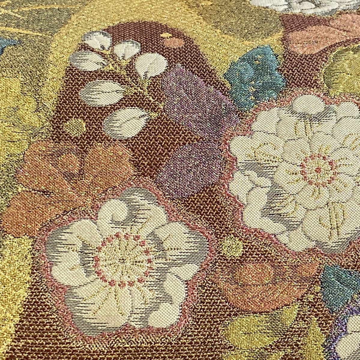 【美品】 袋帶 名品級 手先二通り 大和 草花紋紋 菱 金絲 金金箔 金色 全通 純蠶絲