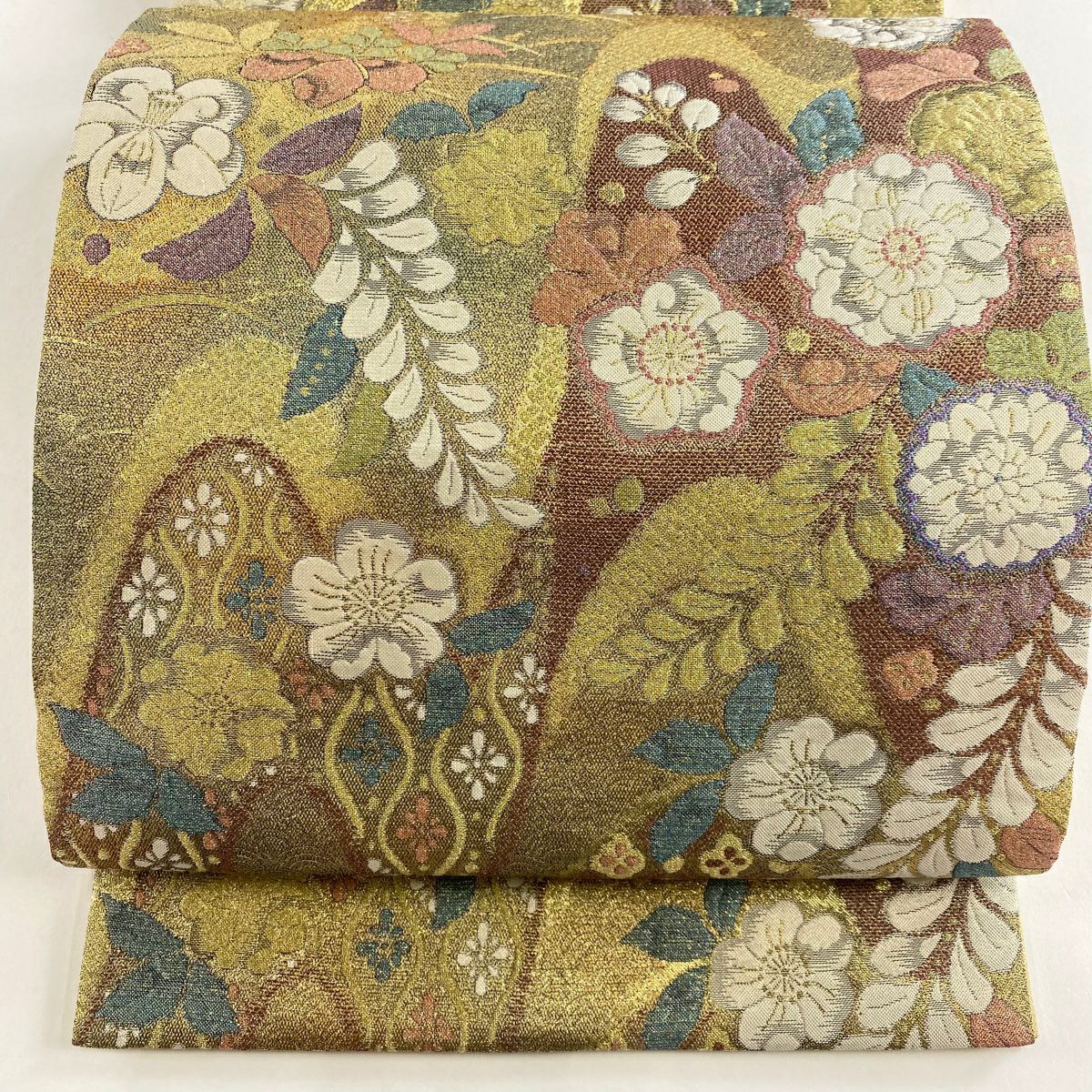 【美品】 袋帶 名品級 手先二通り 大和 草花紋紋 菱 金絲 金金箔 金色 全通 純蠶絲
