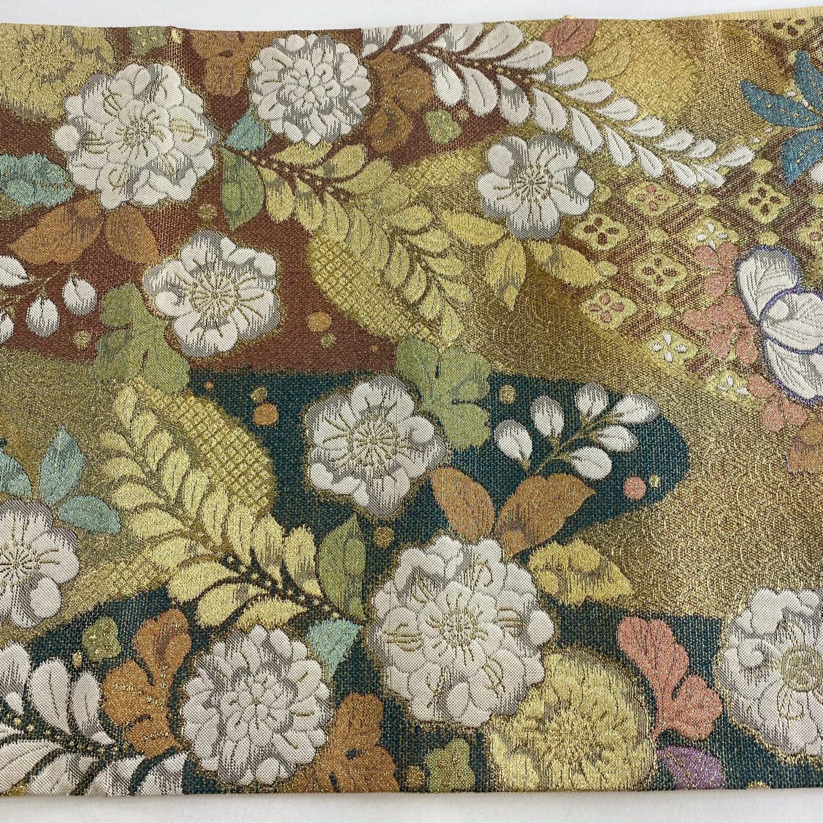 【美品】 袋帶 名品級 手先二通り 大和 草花紋紋 菱 金絲 金金箔 金色 全通 純蠶絲