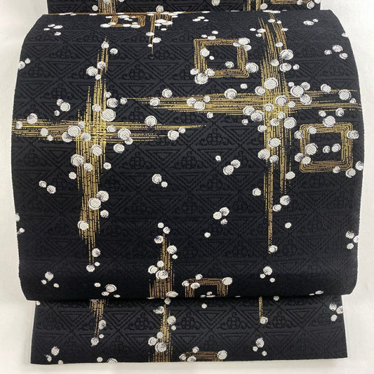 【美品】 袋帶 名品級 幾何學 金絲 黑 六通 純蠶絲