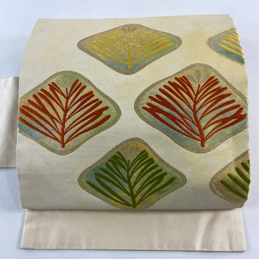 名古屋帶 秀品級 若松樹 幾何圖案 金線 金金箔 奶油色 純蠶絲