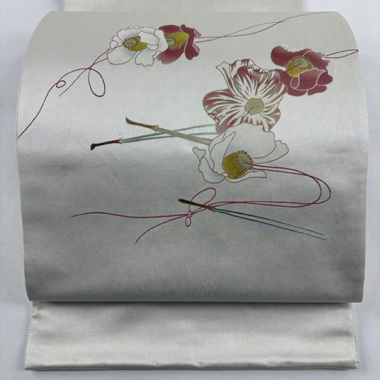 袋帶 秀品級 花 松樹葉 金銀彩 金金箔 白 お太鼓圖案 純蠶絲