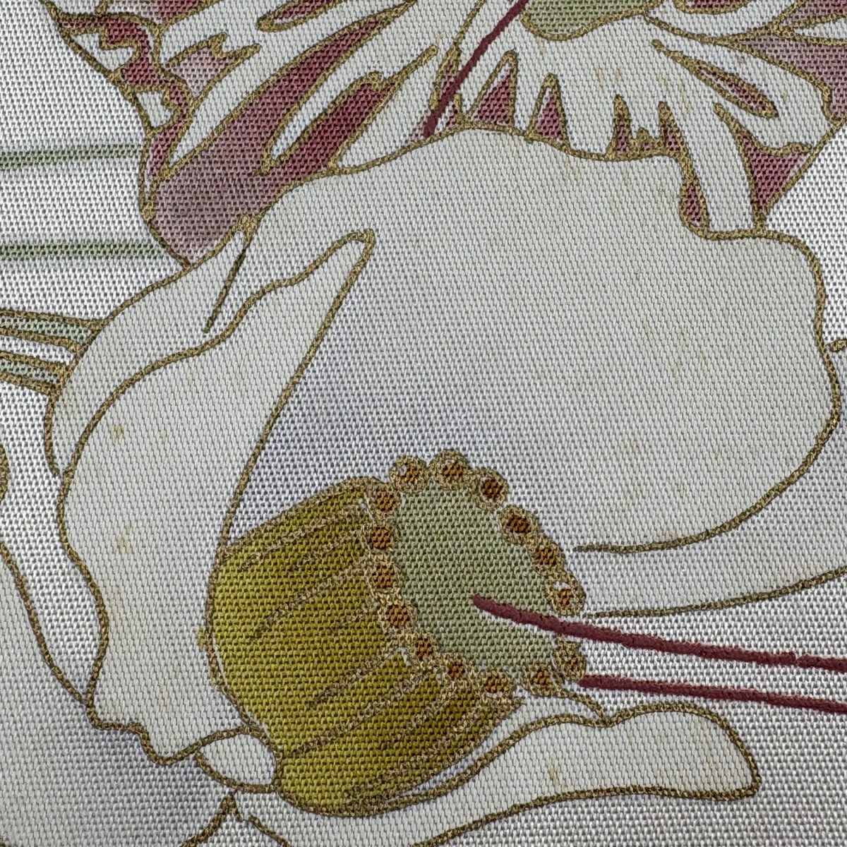 袋帶 秀品級 花 松樹葉 金銀彩 金金箔 白 お太鼓圖案 純蠶絲