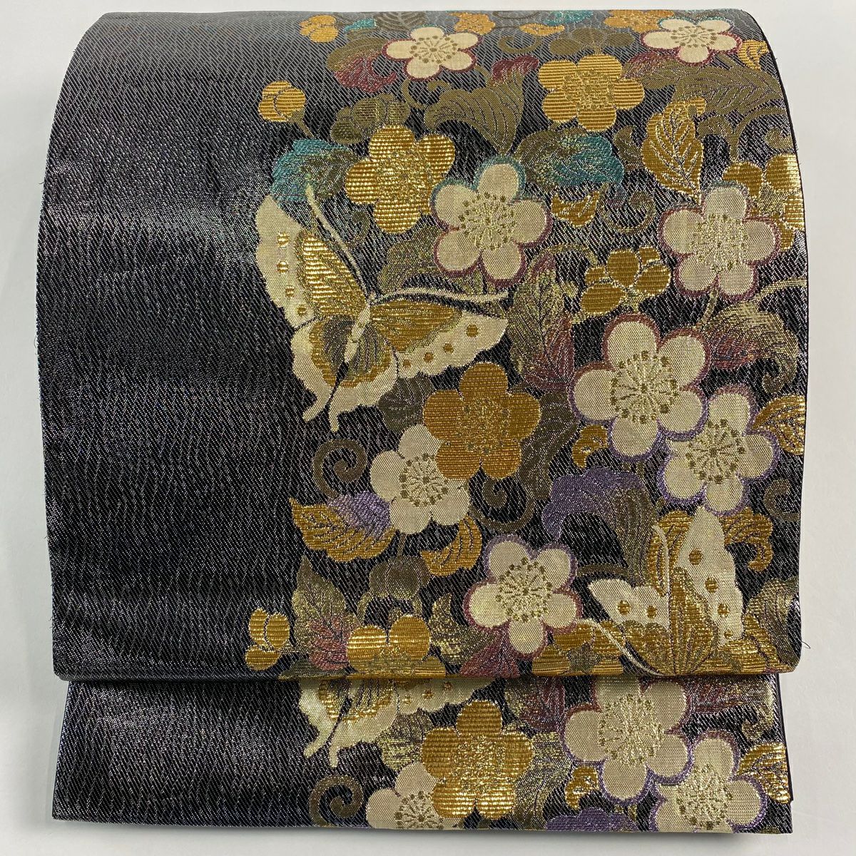 袋帶 秀品級 花唐草紋 蝶 金金箔 金絲 黑 六通 純蠶絲