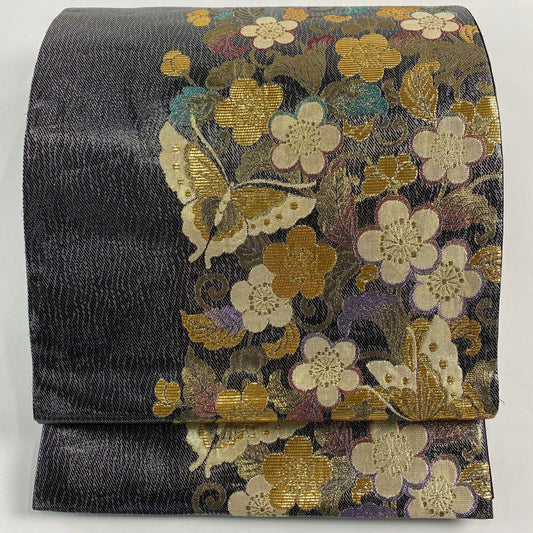 袋帶 秀品級 花唐草紋 蝶 金金箔 金絲 黑 六通 純蠶絲