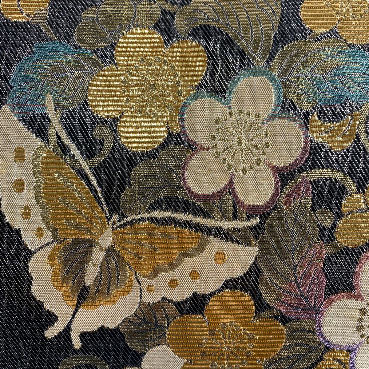 袋帶 秀品級 花唐草紋 蝶 金金箔 金絲 黑 六通 純蠶絲