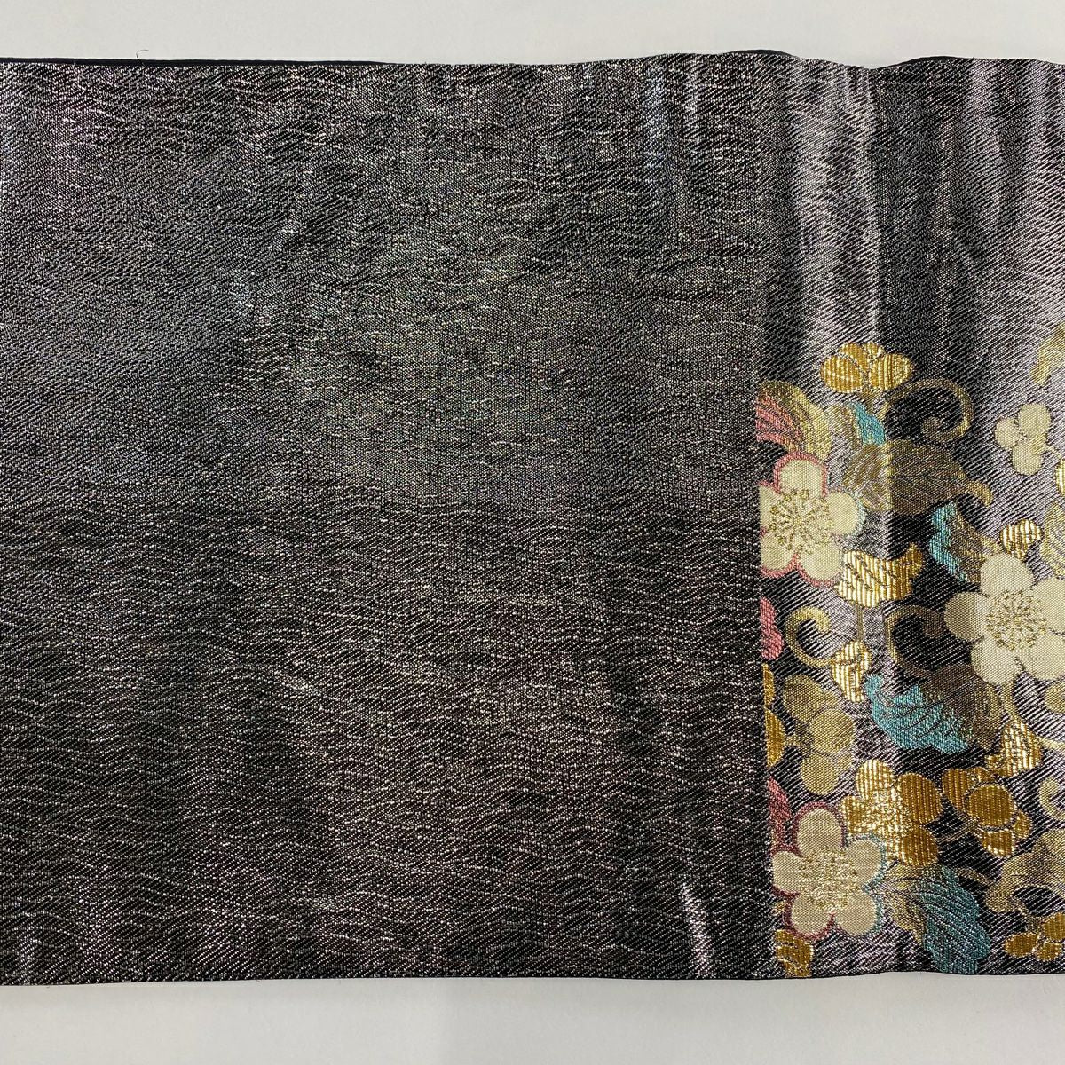 袋帶 秀品級 花唐草紋 蝶 金金箔 金絲 黑 六通 純蠶絲