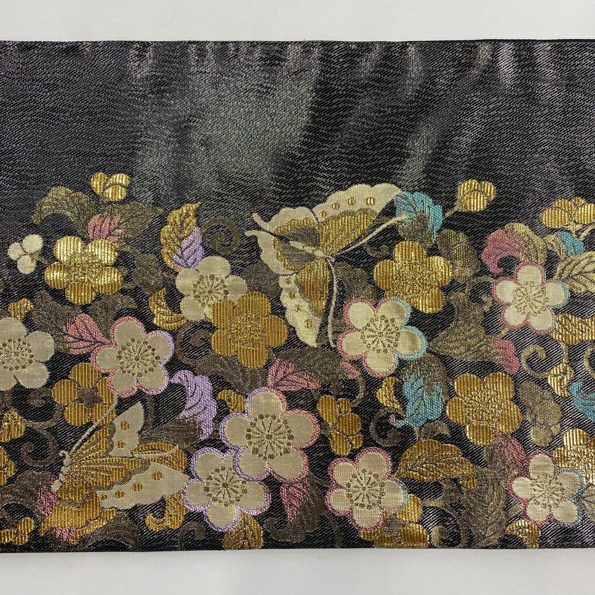袋帶 秀品級 花唐草紋 蝶 金金箔 金絲 黑 六通 純蠶絲