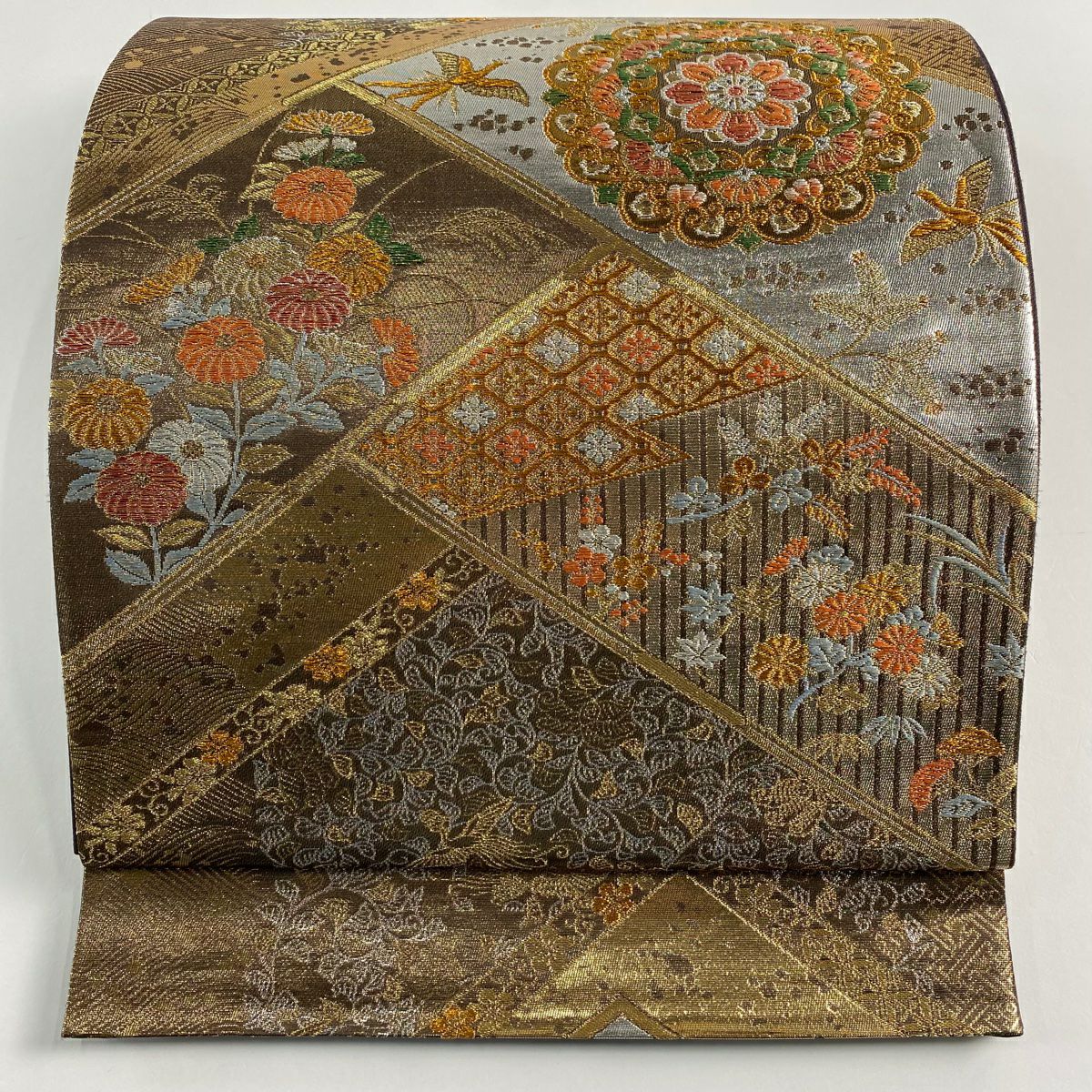 【美品】 袋帶 秀品級 華紋 花鳥 金絲 金金箔 金茶 六通 純蠶絲