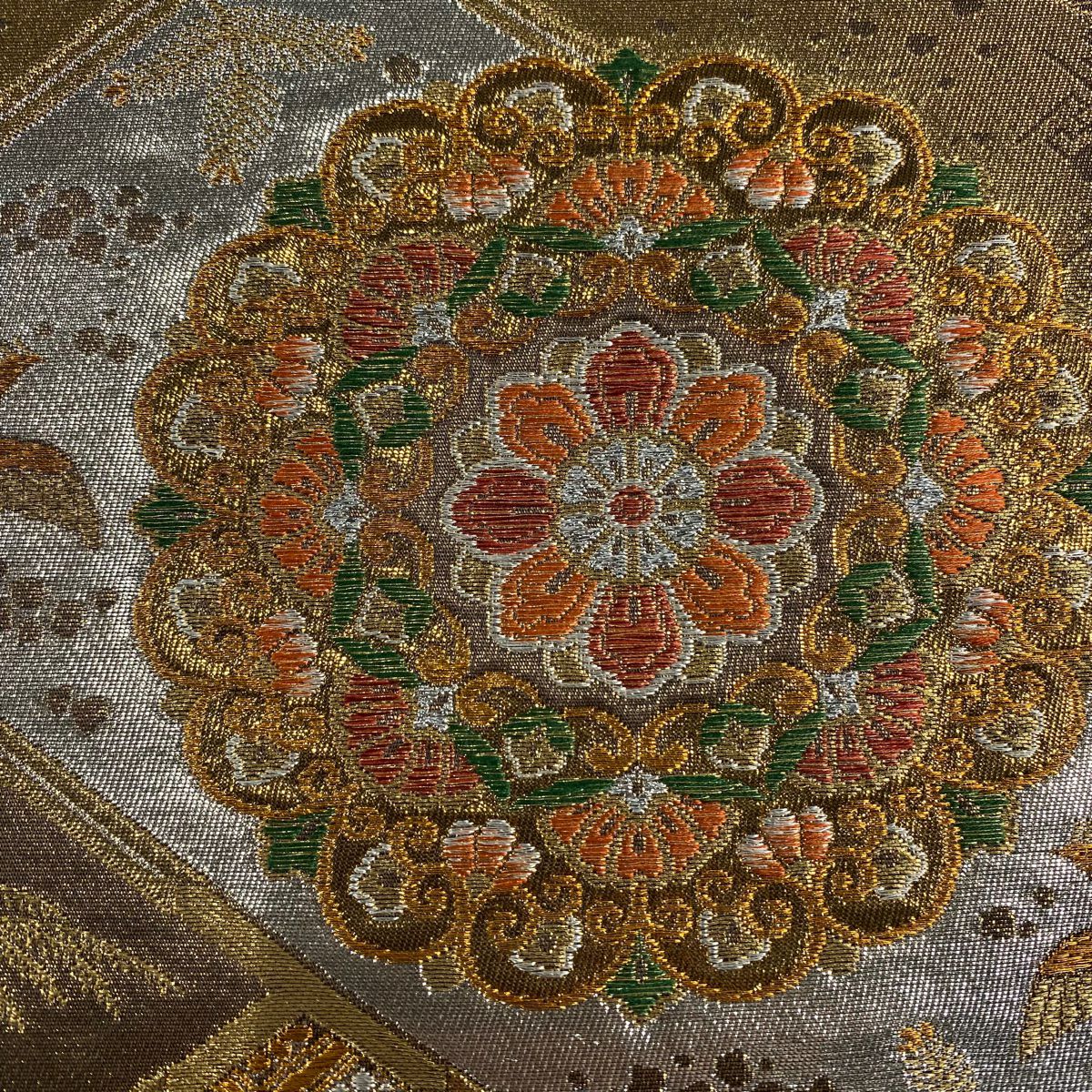 【美品】 袋帶 秀品級 華紋 花鳥 金絲 金金箔 金茶 六通 純蠶絲