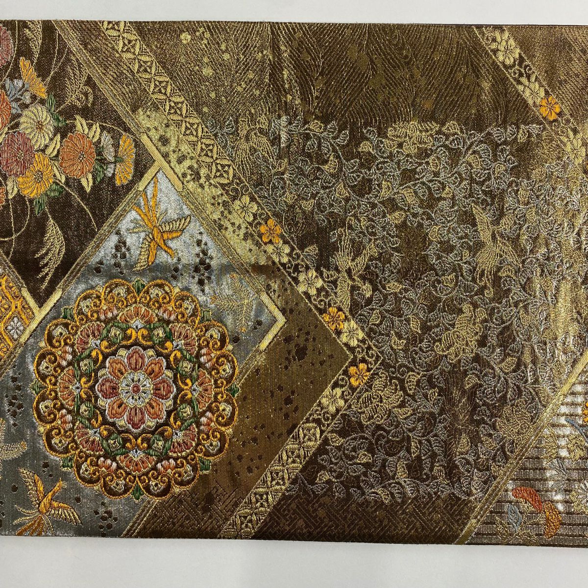 【美品】 袋帶 秀品級 華紋 花鳥 金絲 金金箔 金茶 六通 純蠶絲