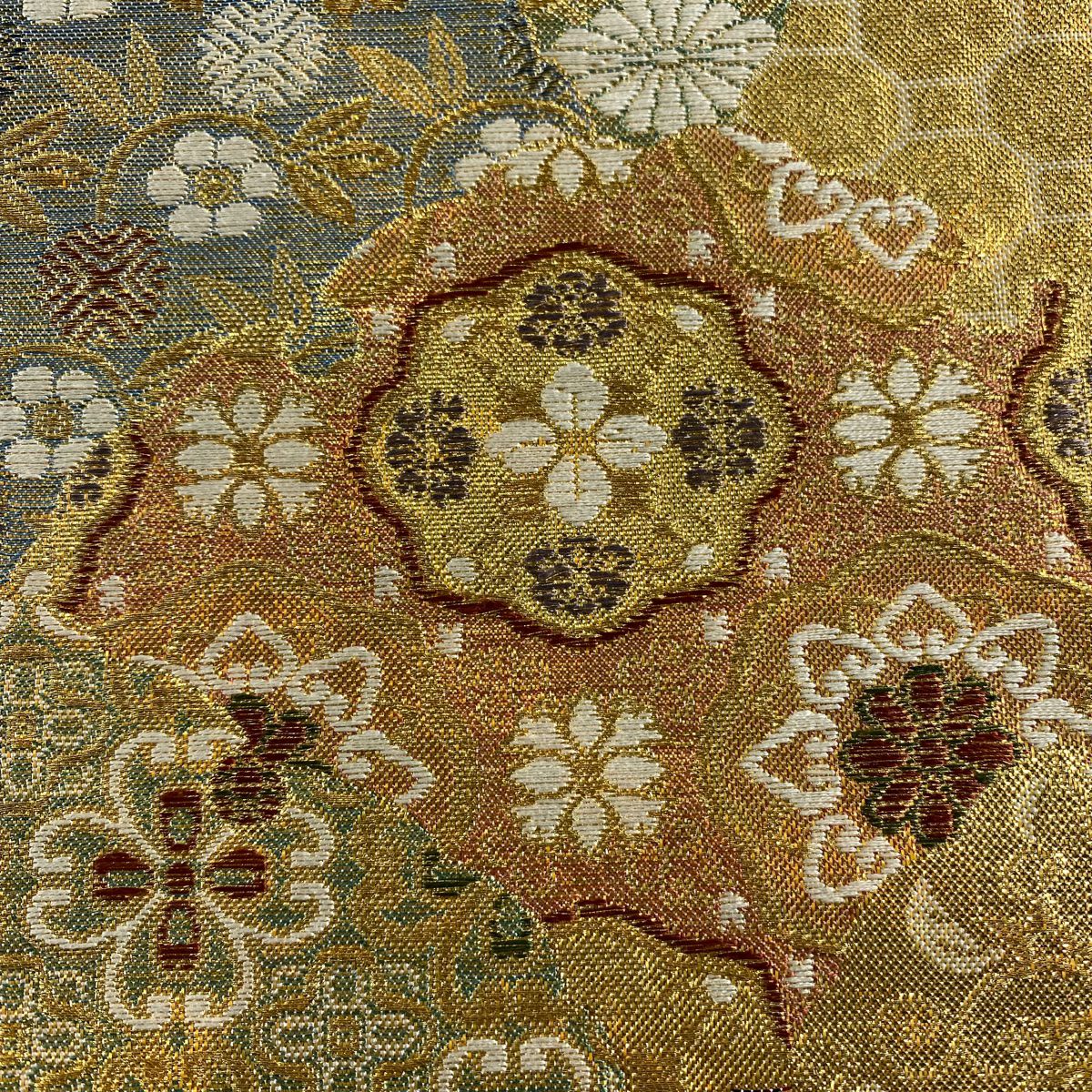 【美品】 袋帶 秀品級 華紋 花菱 金絲 刺繡 金色 六通 純蠶絲