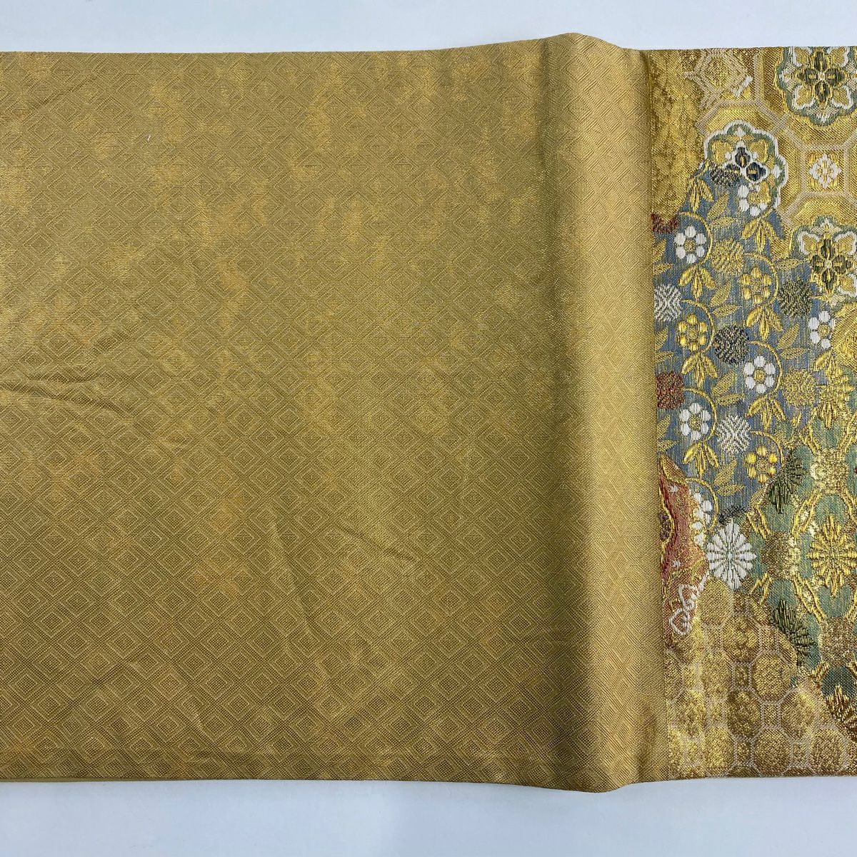 【美品】 袋帶 秀品級 華紋 花菱 金絲 刺繡 金色 六通 純蠶絲