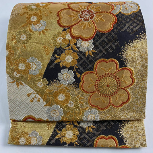 袋帶 秀品級 草花紋紋 菱形 金銀彩 金金箔 黑色 六通 純蠶絲