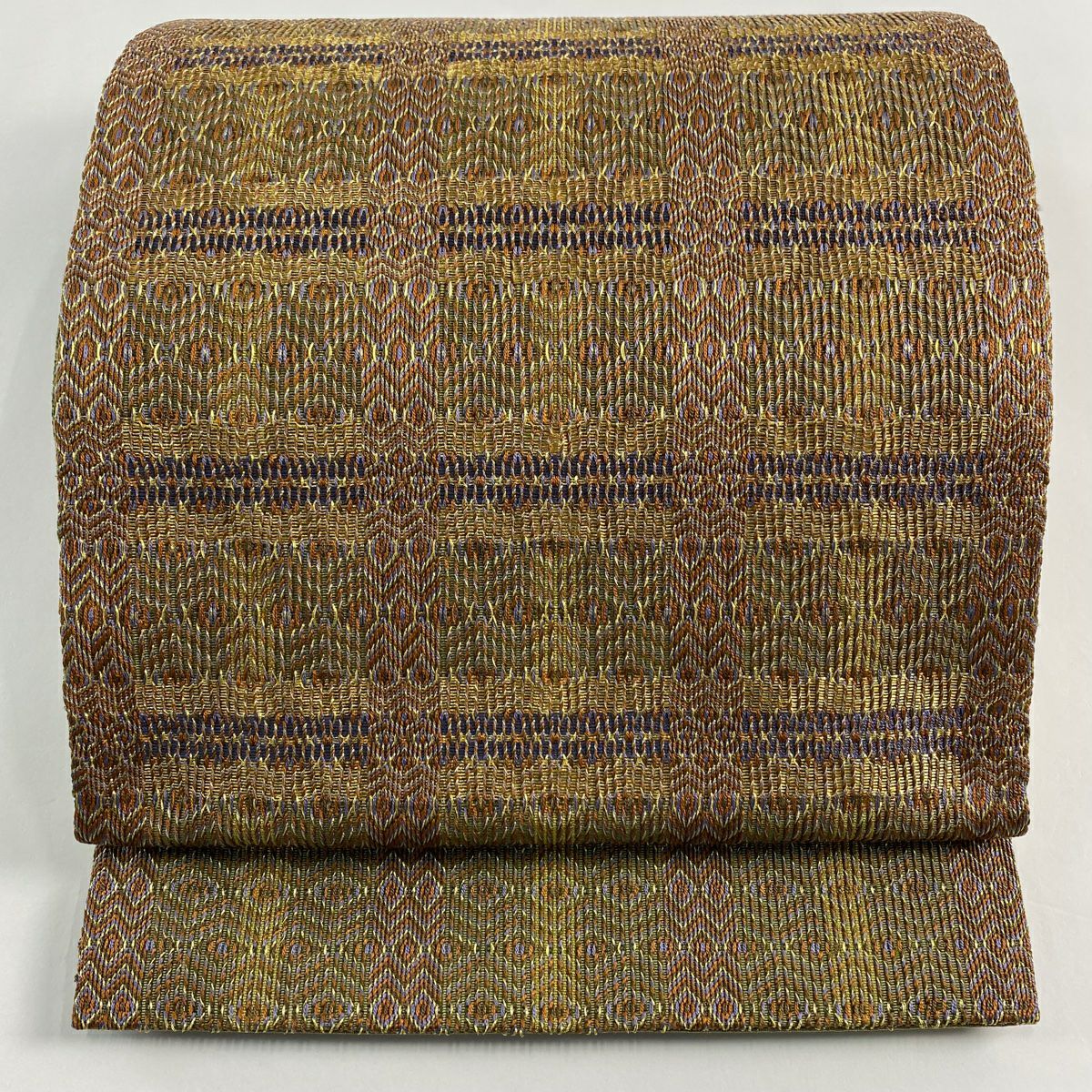 【美品】 袋帶 秀品級 幾何學 金絲 茶 お太鼓圖案 純蠶絲