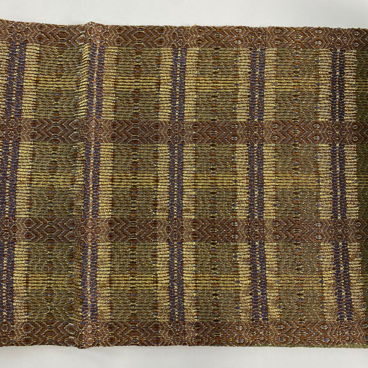 【美品】 袋帶 秀品級 幾何學 金絲 茶 お太鼓圖案 純蠶絲