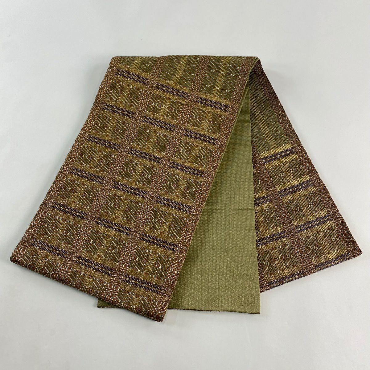 【美品】 袋帶 秀品級 幾何學 金絲 茶 お太鼓圖案 純蠶絲
