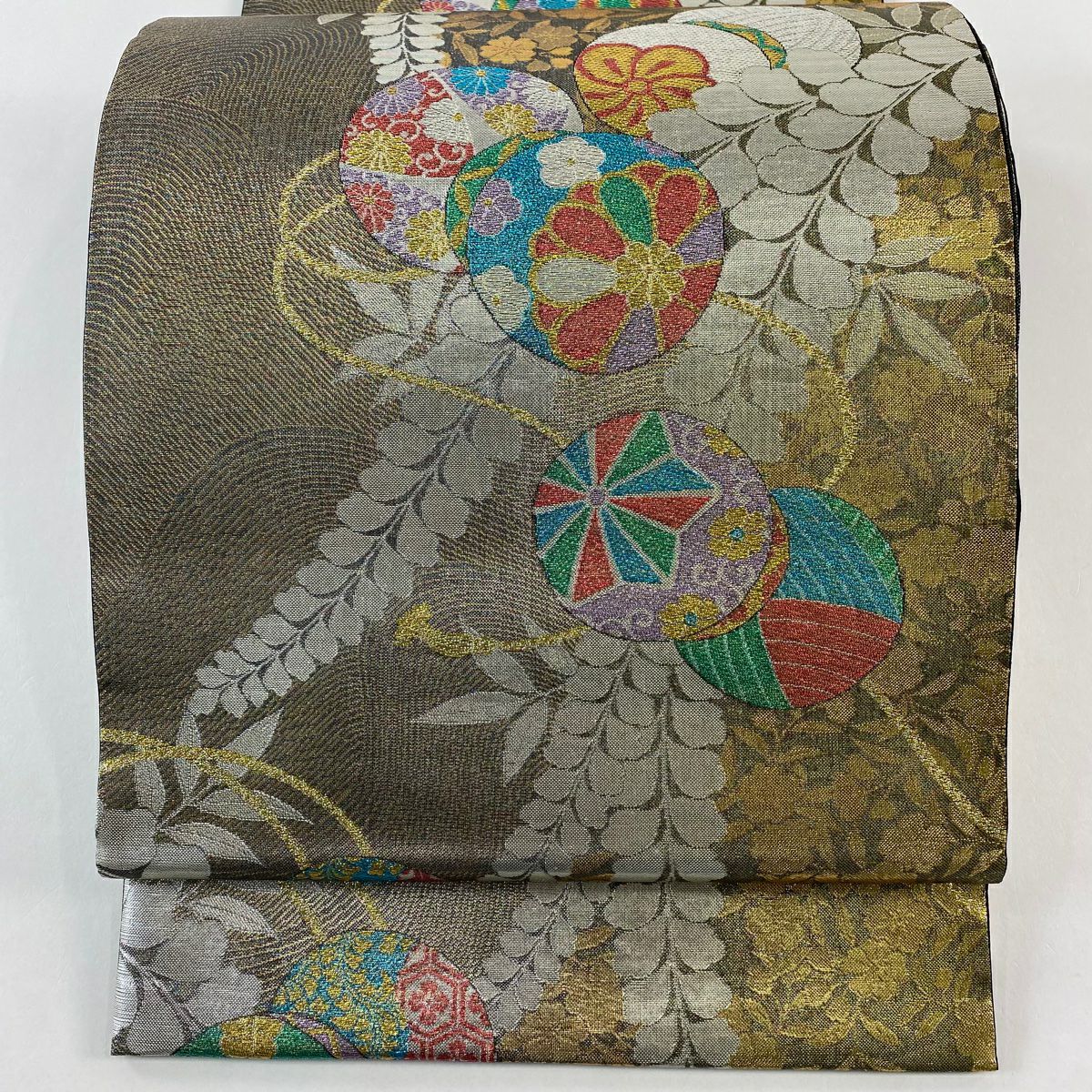 【美品】 袋帶 秀品級 蹴鞠 草花紋紋 金金箔 金色 六通 純蠶絲