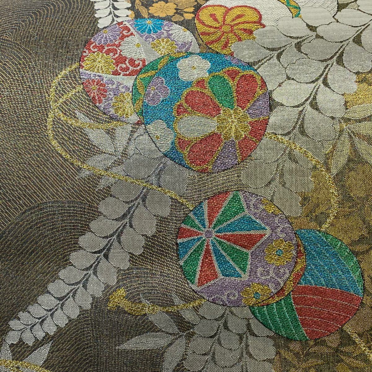 【美品】 袋帶 秀品級 蹴鞠 草花紋紋 金金箔 金色 六通 純蠶絲