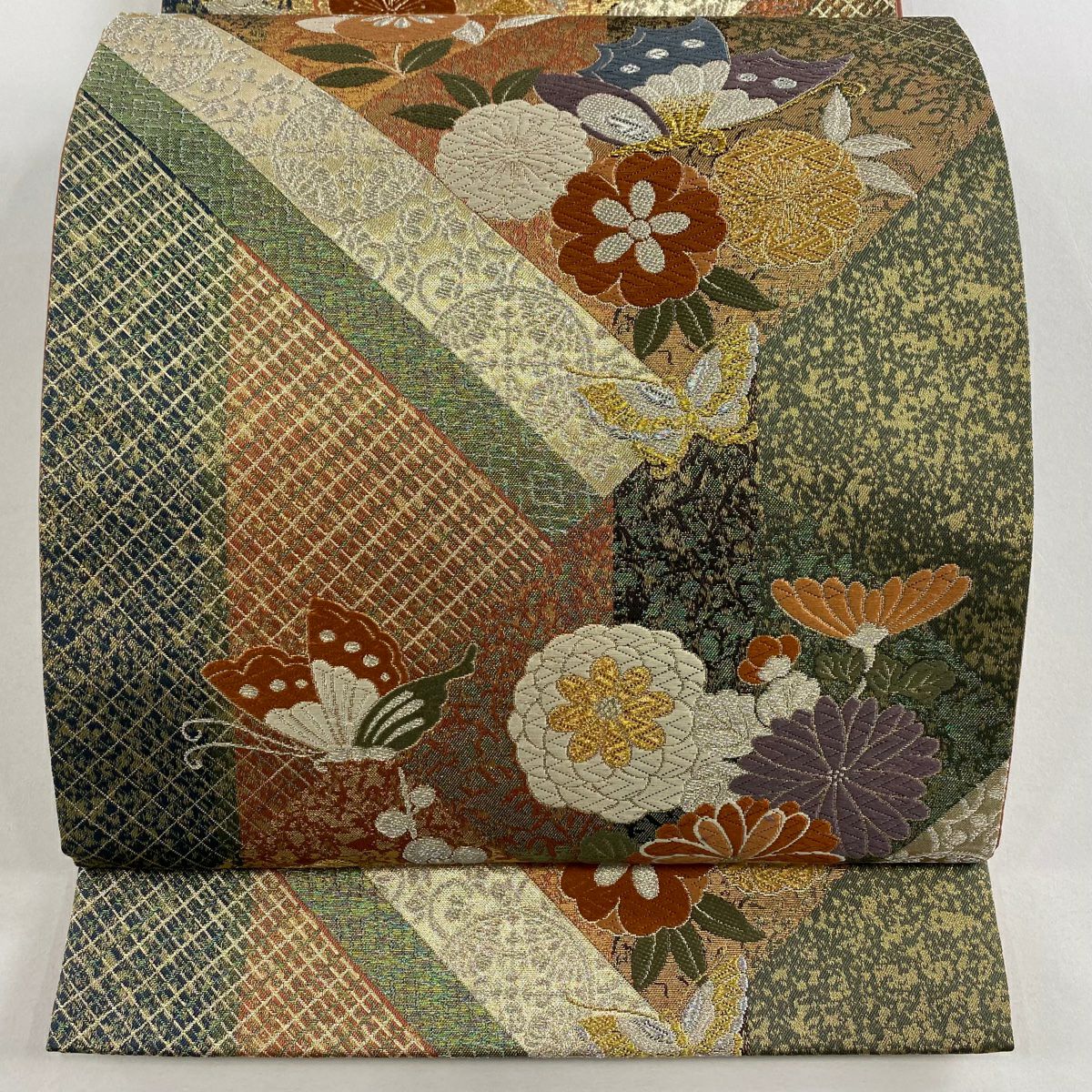 【美品】 袋帶 秀品級 蝶 梅花 金銀線 金金箔 紅茶 六通 純蠶絲