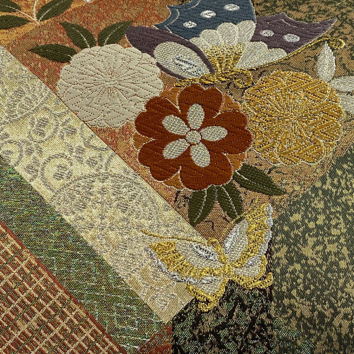 【美品】 袋帶 秀品級 蝶 梅花 金銀線 金金箔 紅茶 六通 純蠶絲