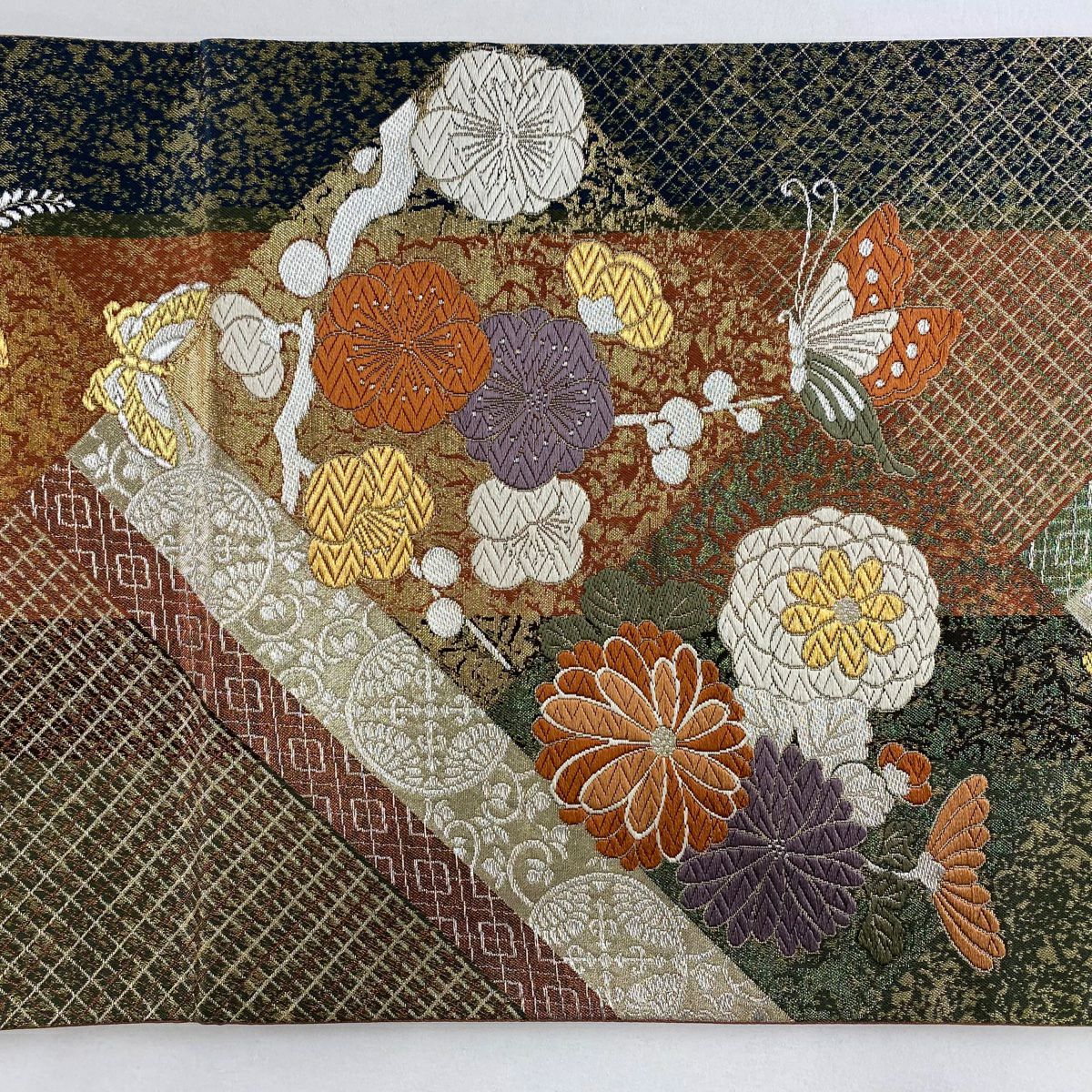 【美品】 袋帶 秀品級 蝶 梅花 金銀線 金金箔 紅茶 六通 純蠶絲