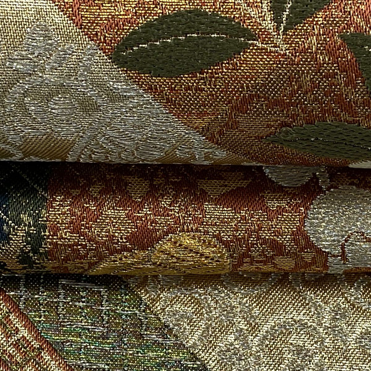 【美品】 袋帶 秀品級 蝶 梅花 金銀線 金金箔 紅茶 六通 純蠶絲