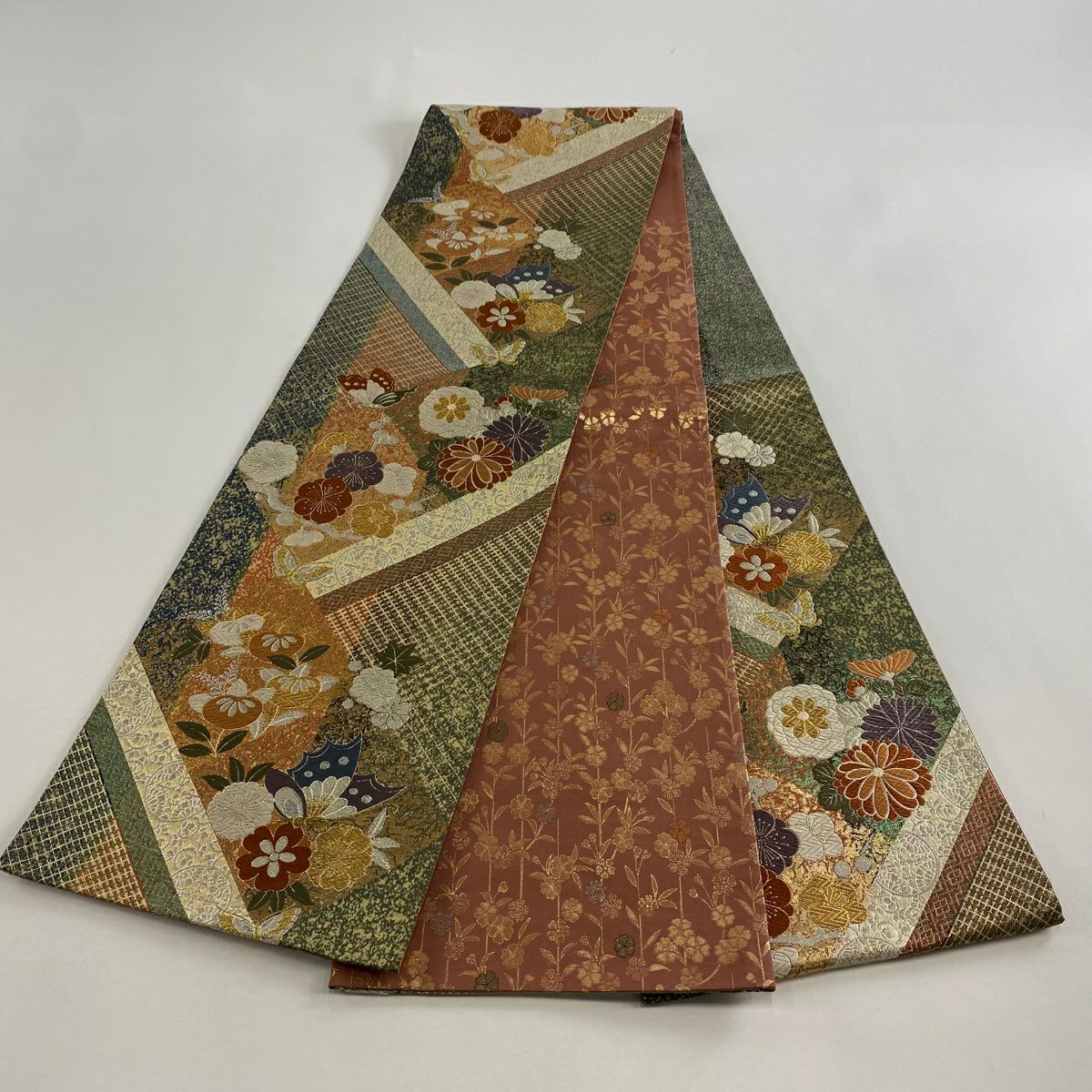 【美品】 袋帶 秀品級 蝶 梅花 金銀線 金金箔 紅茶 六通 純蠶絲