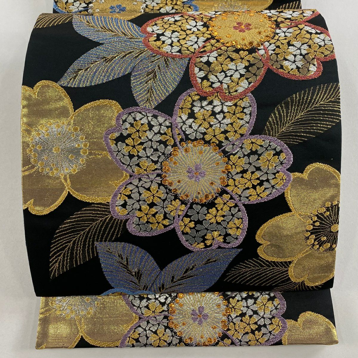 【美品】 袋帶 秀品級 櫻花 金線 金金箔 黑色 六通 純蠶絲