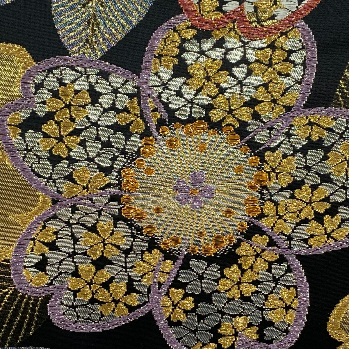 【美品】 袋帶 秀品級 櫻花 金線 金金箔 黑色 六通 純蠶絲