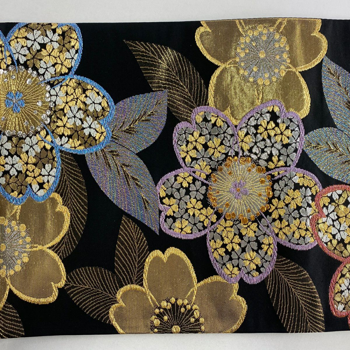【美品】 袋帶 秀品級 櫻花 金線 金金箔 黑色 六通 純蠶絲
