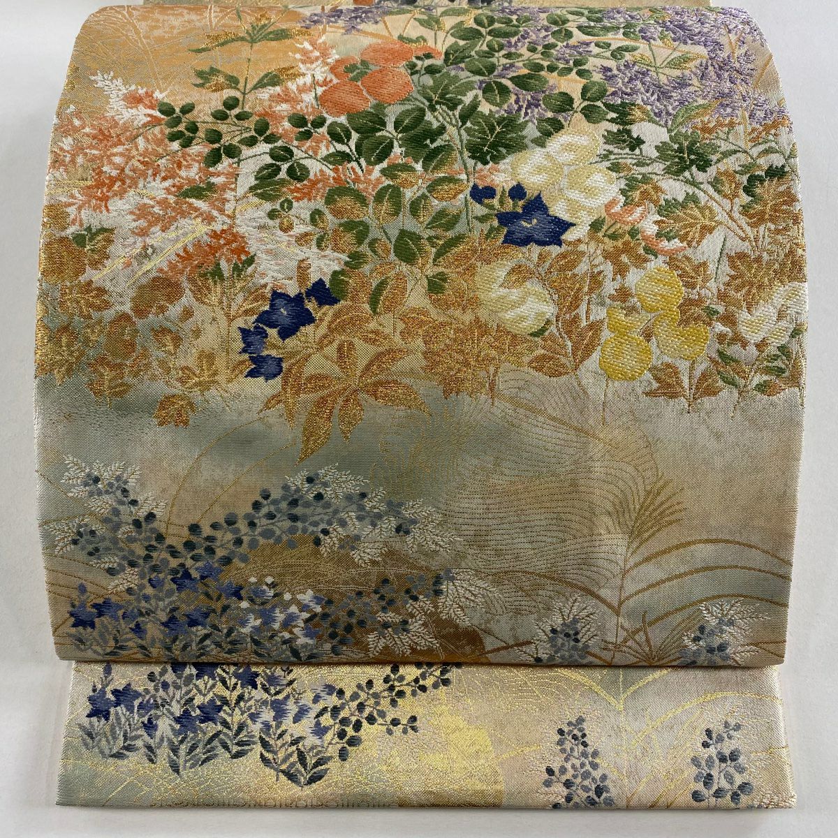 袋帶 秀品級 草花紋紋 波紋 金絲 金金箔 金色 六通 純蠶絲