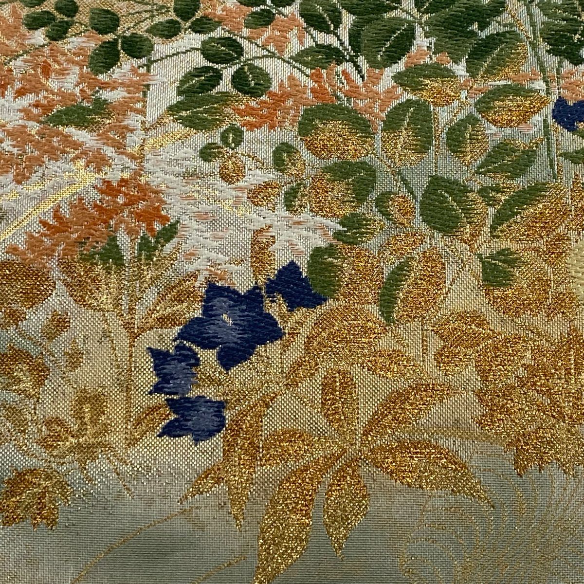 袋帶 秀品級 草花紋紋 波紋 金絲 金金箔 金色 六通 純蠶絲