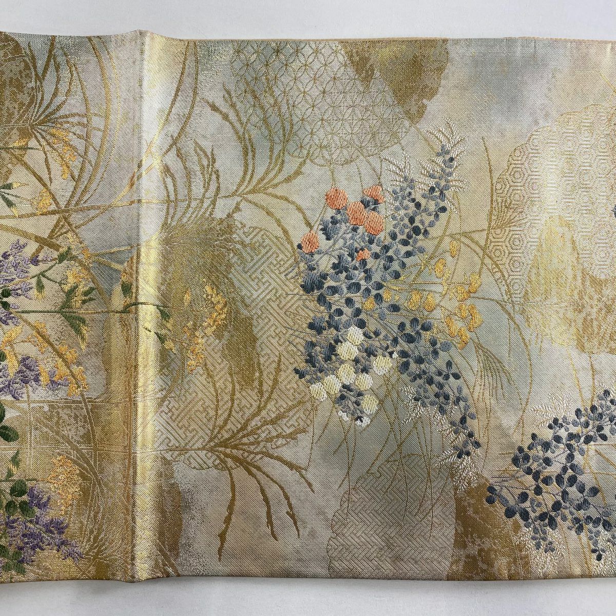 袋帶 秀品級 草花紋紋 波紋 金絲 金金箔 金色 六通 純蠶絲
